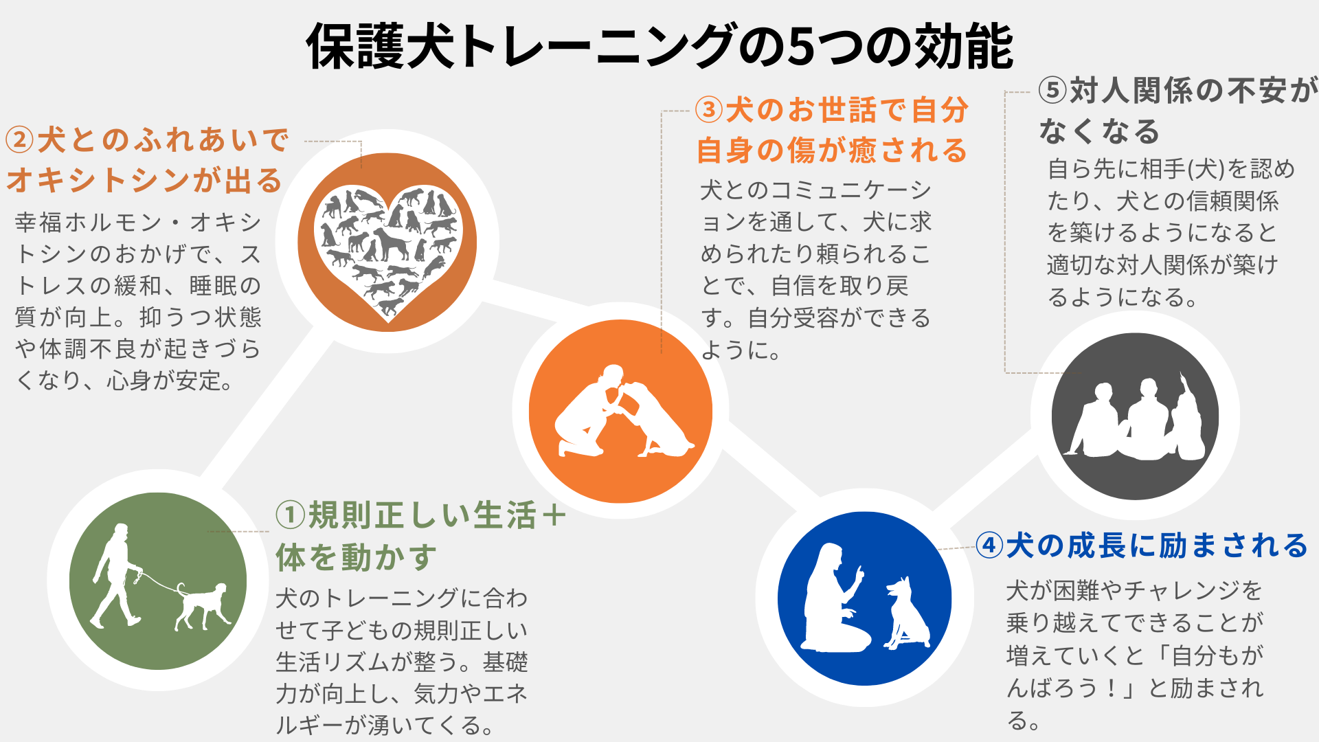 保護犬トレーニングの5つの効能, 規則正しい生活＋体を動かす, オキシトシン, 傷が癒やされる, 対人関係の不安がなくなる