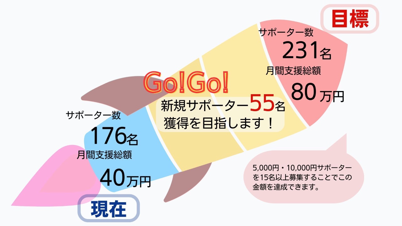 現在176名サポーター、40万円の支援ですが、新規サポーター55名獲得を目指します！月額支援総額の目標は80万円で、これは5,000円と10,000円のサポーターを15名以上募集することで達成できます。