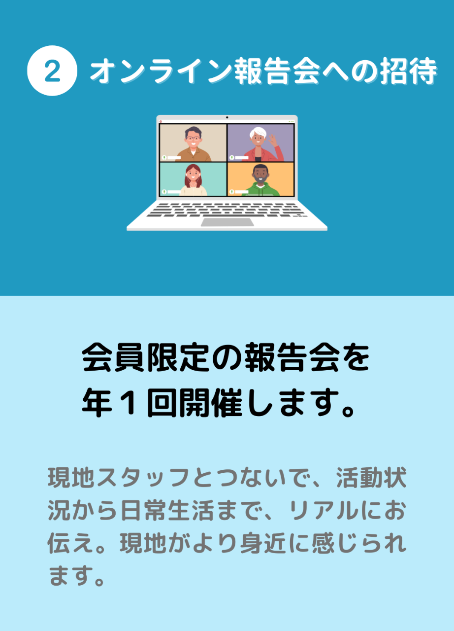 ②オンライン報告会への招待：会員限定の報告会を 年１回開催します。現地スタッフとつないで、活動状況から日常生活まで、リアルにお伝え。現地がより身近に感じられます。