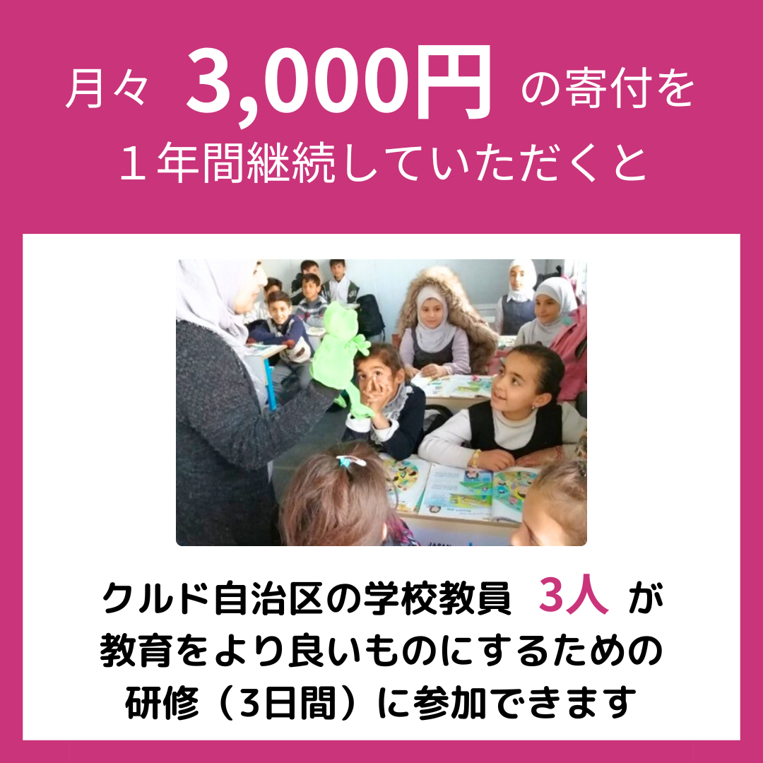 月々3000円の寄付を １年間継続していただくと、クルド自治区の学校教員12人が 教育をより良いものにするための 研修に参加できます