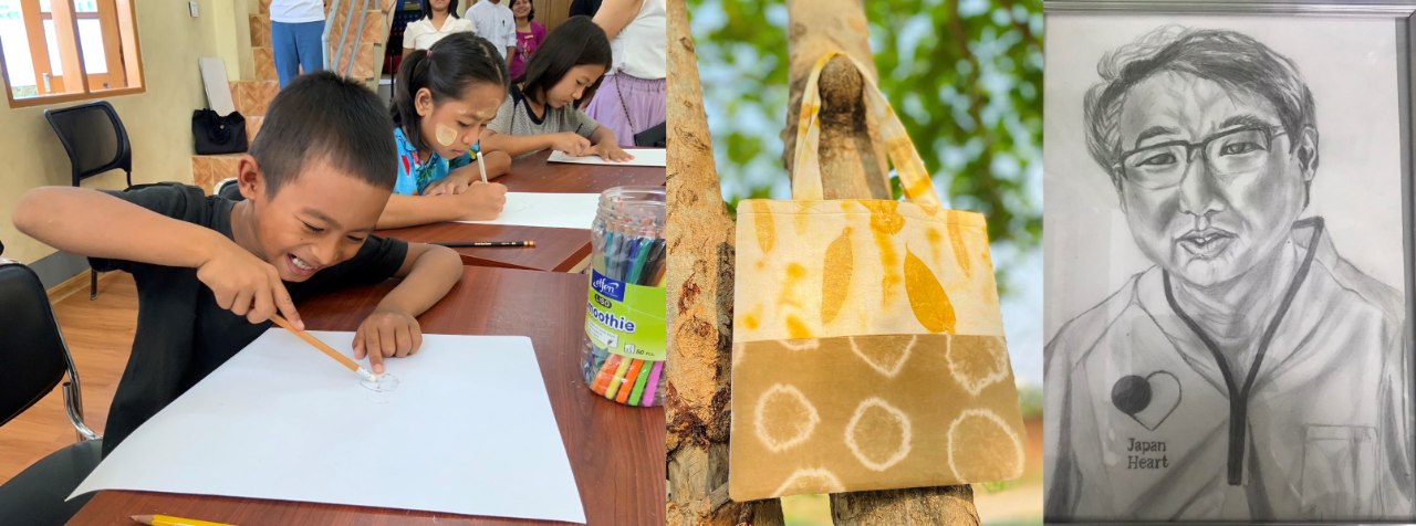 左:絵を描く子ども、中央:タイダイ染めトートバッグ(イメージのため柄は異なります)、右:似顔絵のイメージ