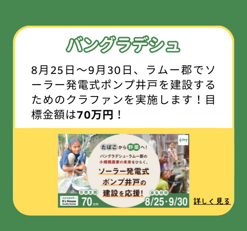 【バングラデシュ】8月25日～9月30日、ラムー郡でソーラー発電式ポンプ井戸を建設するためのクラファンを実施します！目標金額は70万円！