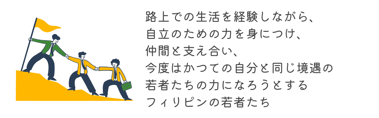 路上での生活を経験しながら、自立のための力を身につけ、仲間と支え合い、今度はかつての自分と同じ境遇の若者たちの力になろうとするフィリピンの若者たち