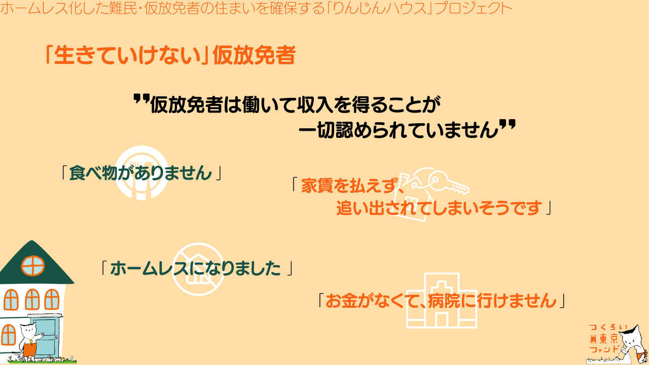 「生きていけない」仮放免者。”仮放免者は働いて収入を得ることが一切認められていません”当事者の声：「食べ物がありません」「家賃を払えず追い出されてしまいそうです」「ホームレスになりました」「お金がなくて、病院に行けません」