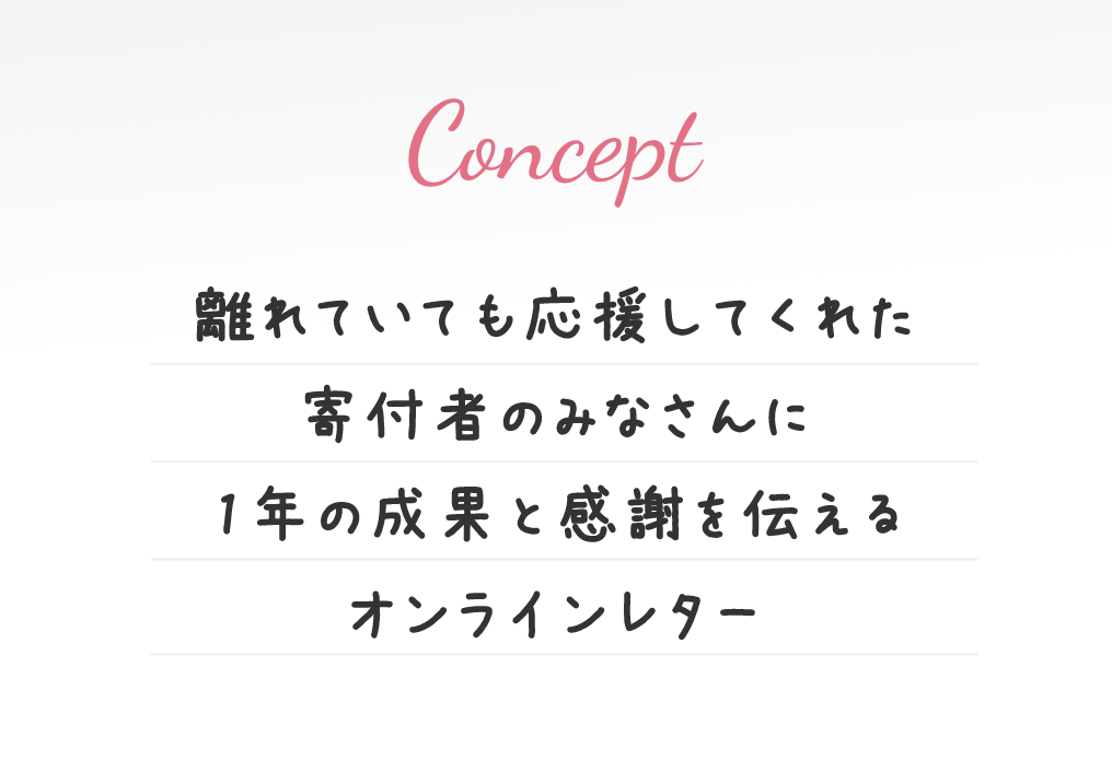 コンセプト、離れていても応援してくれた寄付者のみなさんに1年の成果と感謝を伝えるオンラインレター